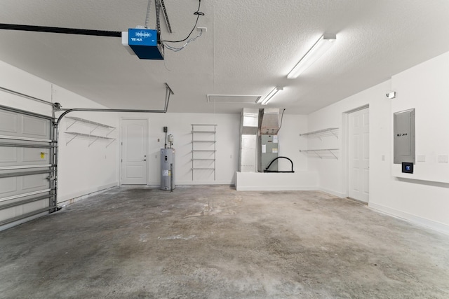 garage with heating unit, electric panel, a garage door opener, and electric water heater