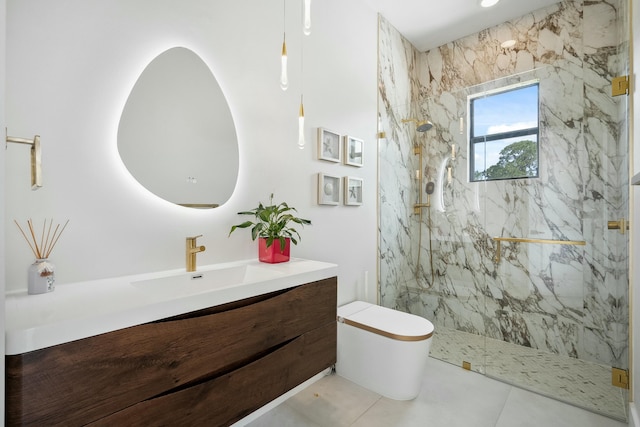 5214 SW Pomegranate Way, Palm City, FL 34990 - bathroom with vanity, a marble finish shower, and toilet
