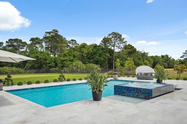 5214 SW Pomegranate Way, Palm City, FL 34990 - view of swimming pool with a patio, a fenced backyard, a fenced in pool, an in ground hot tub, and a yard