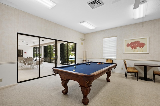 3526 Whitehall Dr Unit 106, West Palm Beach, FL 33401 - recreation room featuring carpet flooring, a ceiling fan, wallpapered walls, and pool table