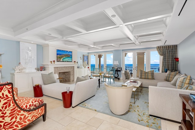 2500 S Ocean Blvd Unit Ph2, Boca Raton, FL 33432 - living area featuring coffered ceiling, beam ceiling, a fireplace, and french doors