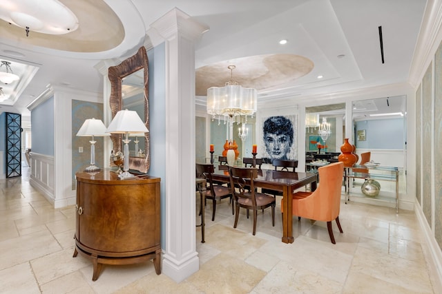 2500 S Ocean Blvd Unit Ph2, Boca Raton, FL 33432 - dining space with a raised ceiling, a decorative wall, a chandelier, crown molding, and stone tile flooring