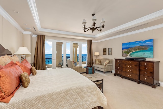 2500 S Ocean Blvd Unit Ph2, Boca Raton, FL 33432 - bedroom with access to exterior, a tray ceiling, a chandelier, light carpet, and ornamental molding