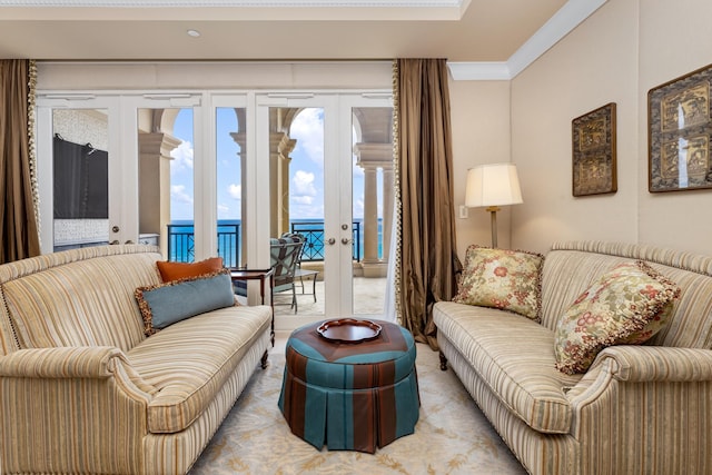2500 S Ocean Blvd Unit Ph2, Boca Raton, FL 33432 - living room featuring french doors, crown molding, and light colored carpet