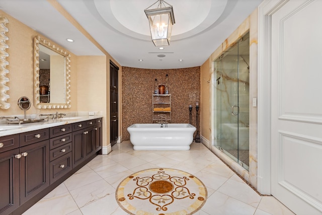 2500 S Ocean Blvd Unit Ph2, Boca Raton, FL 33432 - bathroom featuring a stall shower, a freestanding bath, double vanity, and recessed lighting