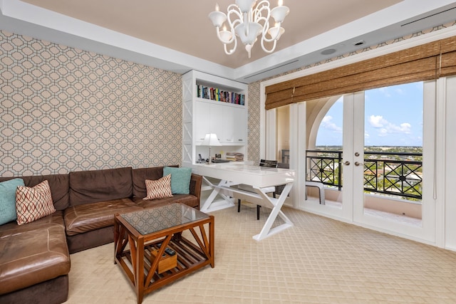 2500 S Ocean Blvd Unit Ph2, Boca Raton, FL 33432 - living area featuring a chandelier, french doors, and wallpapered walls