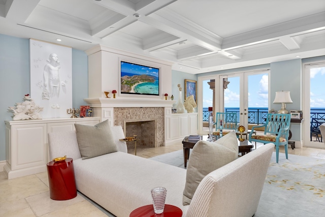 2500 S Ocean Blvd Unit Ph2, Boca Raton, FL 33432 - living area featuring coffered ceiling, beam ceiling, a fireplace, recessed lighting, and french doors