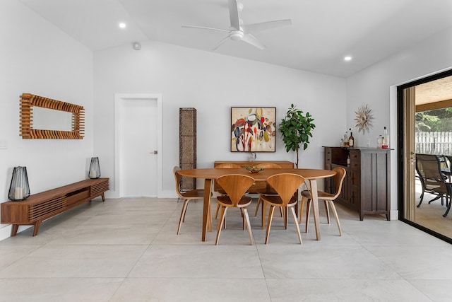 dining room featuring ceiling fan, vaulted ceiling, light tile patterned flooring, and recessed lighting