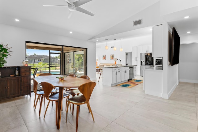 dining space featuring baseboards, visible vents, recessed lighting, a ceiling fan, and light tile patterned floors