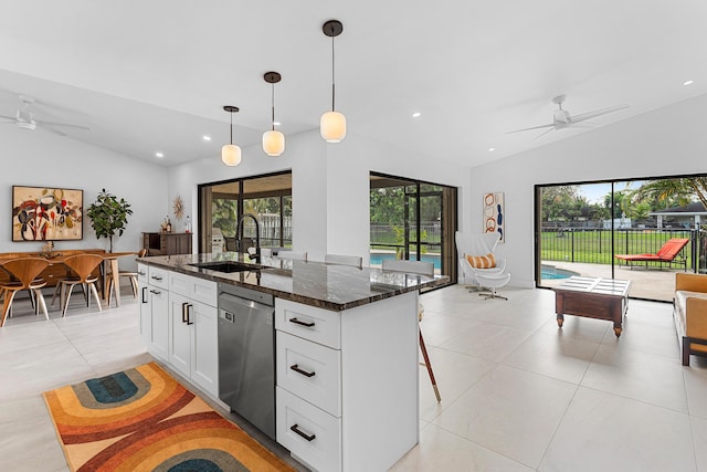 kitchen featuring a sink, dishwasher, ceiling fan, lofted ceiling, and recessed lighting