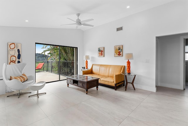 living area featuring high vaulted ceiling, ceiling fan, baseboards, visible vents, and recessed lighting