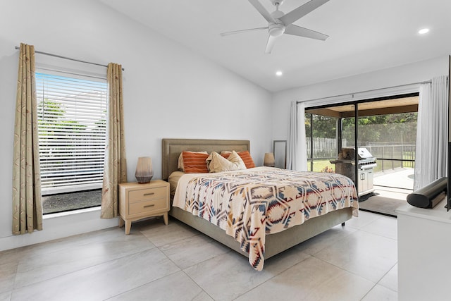 bedroom featuring lofted ceiling, a ceiling fan, access to outside, and recessed lighting
