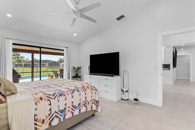 bedroom featuring access to exterior, baseboards, visible vents, recessed lighting, and ceiling fan