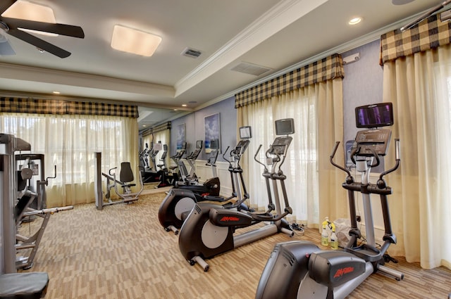 5797 Monterra Club Dr, Lake Worth, FL 33463 - exercise room featuring visible vents, crown molding, and a ceiling fan