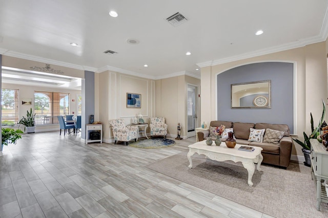 11760 Saint Andrews Pl Unit 204, Wellington, FL 33414 - living area with baseboards, crown molding, visible vents, and recessed lighting