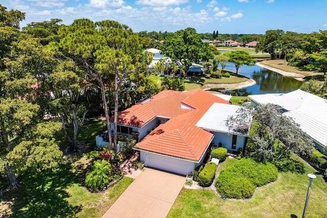 drone / aerial view featuring a water view