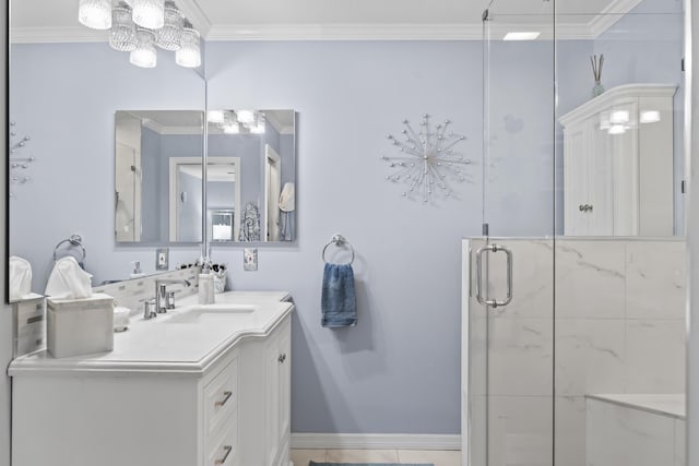 full bathroom featuring a chandelier, vanity, a stall shower, and ornamental molding