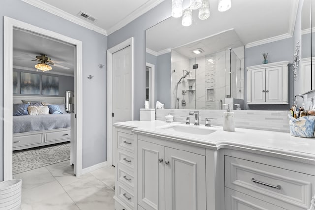 ensuite bathroom featuring marble finish floor, visible vents, vanity, a stall shower, and ceiling fan