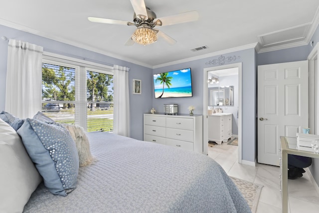 bedroom with visible vents, a ceiling fan, connected bathroom, crown molding, and attic access