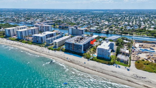 aerial view featuring a beach view and a water view