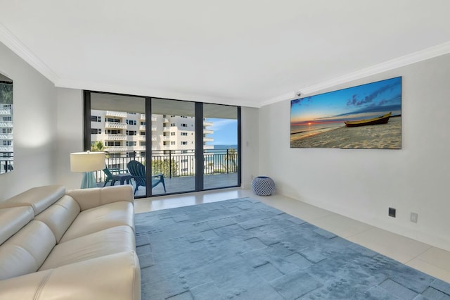 tiled living area with floor to ceiling windows and ornamental molding
