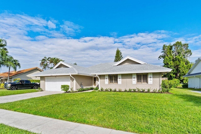 ranch-style house featuring an attached garage, driveway, roof with shingles, and a front yard