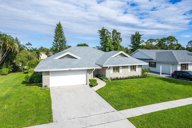 single story home with an attached garage, driveway, a front lawn, and roof with shingles