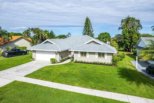 single story home featuring a garage, a shingled roof, a front lawn, and concrete driveway