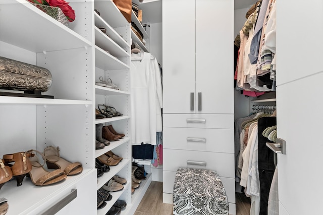 walk in closet with wood finished floors