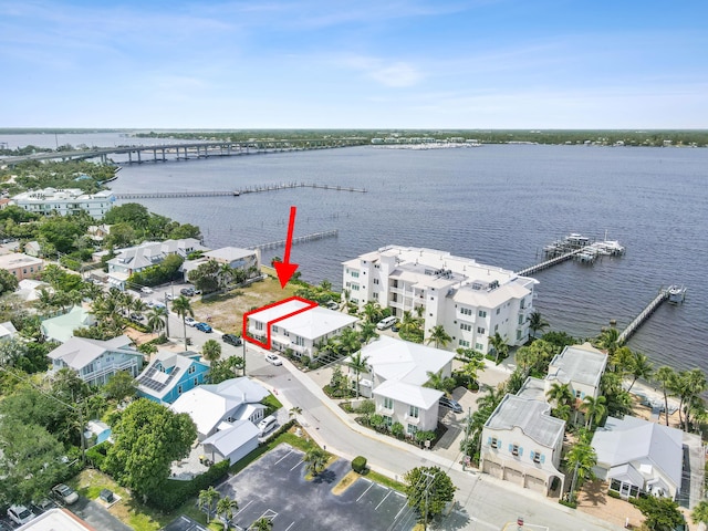 drone / aerial view featuring a water view