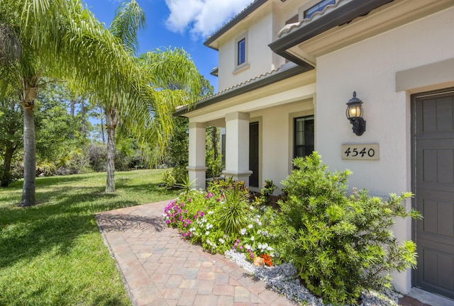 doorway to property featuring a yard, covered porch, and stucco siding
