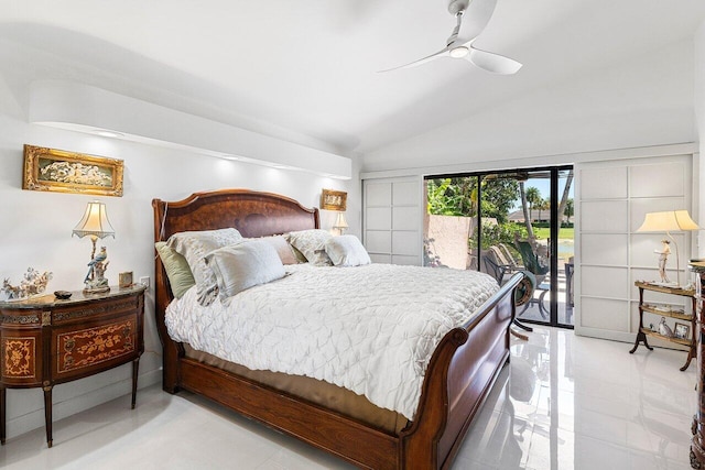bedroom featuring lofted ceiling, ceiling fan, and access to outside