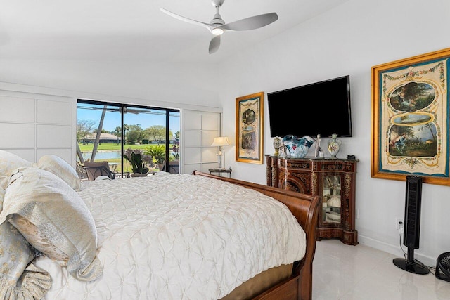 bedroom with lofted ceiling, a ceiling fan, baseboards, and access to exterior
