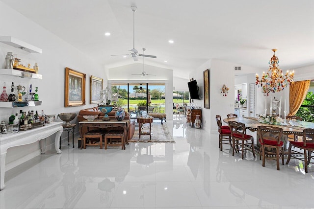 living area featuring visible vents, vaulted ceiling, a wealth of natural light, and ceiling fan with notable chandelier