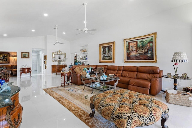tiled living room featuring high vaulted ceiling, a ceiling fan, and recessed lighting