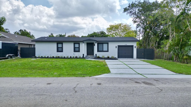 ranch-style home with a garage, stucco siding, driveway, and fence