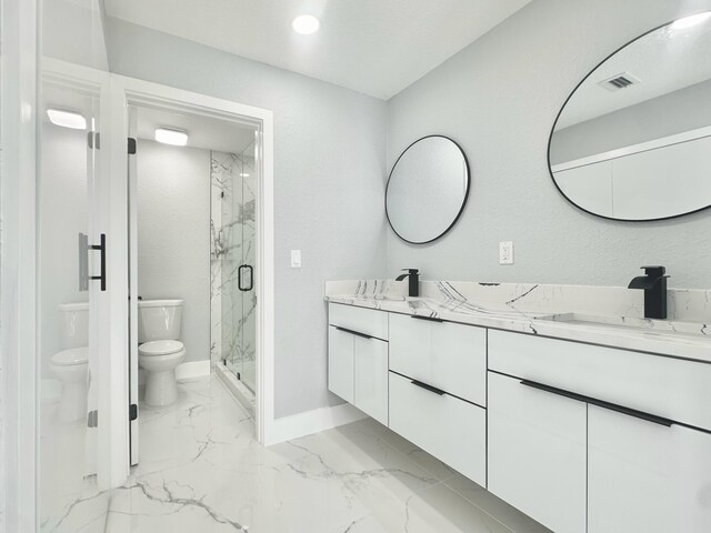 bathroom with a marble finish shower, a sink, toilet, baseboards, and marble finish floor