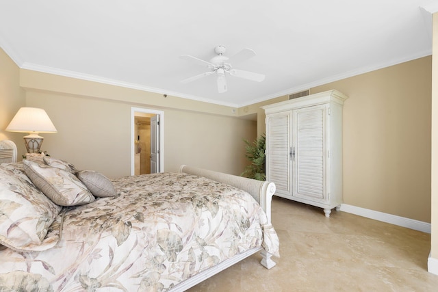 2917 S Ocean Blvd Unit 103, Highland Beach, FL 33487 - bedroom featuring visible vents, ceiling fan, baseboards, and ornamental molding