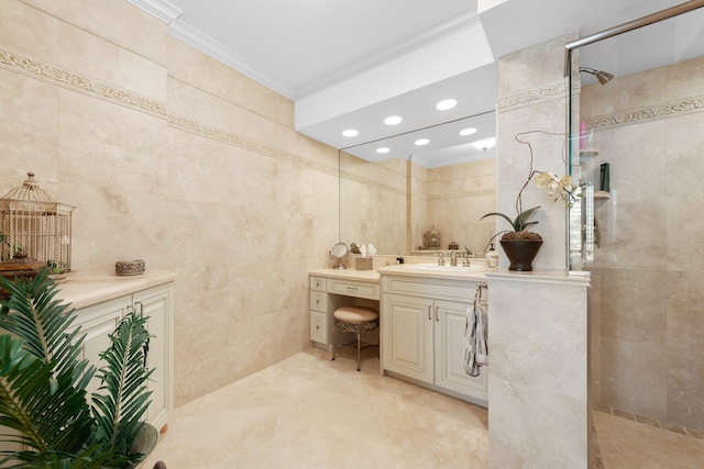 2917 S Ocean Blvd Unit 103, Highland Beach, FL 33487 - full bath with tile walls, vanity, ornamental molding, and a walk in shower