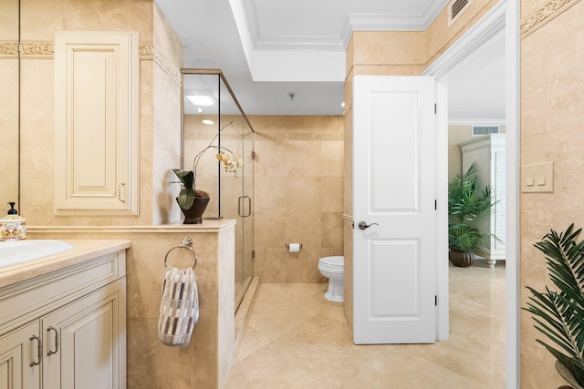 2917 S Ocean Blvd Unit 103, Highland Beach, FL 33487 - bathroom featuring a shower stall, visible vents, vanity, and ornamental molding