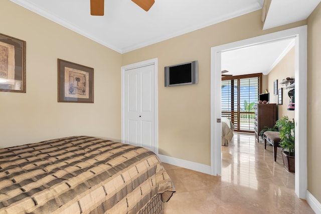 2917 S Ocean Blvd Unit 103, Highland Beach, FL 33487 - bedroom featuring ceiling fan, baseboards, crown molding, and a closet