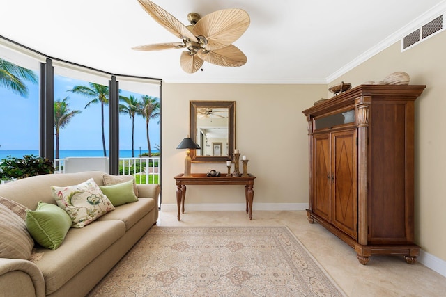 2917 S Ocean Blvd Unit 103, Highland Beach, FL 33487 - living room with crown molding, visible vents, a ceiling fan, and baseboards