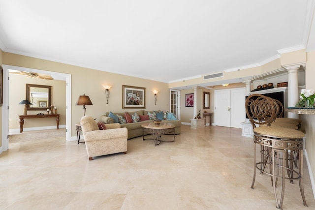 2917 S Ocean Blvd Unit 103, Highland Beach, FL 33487 - living area featuring a ceiling fan, marble finish floor, ornamental molding, visible vents, and decorative columns