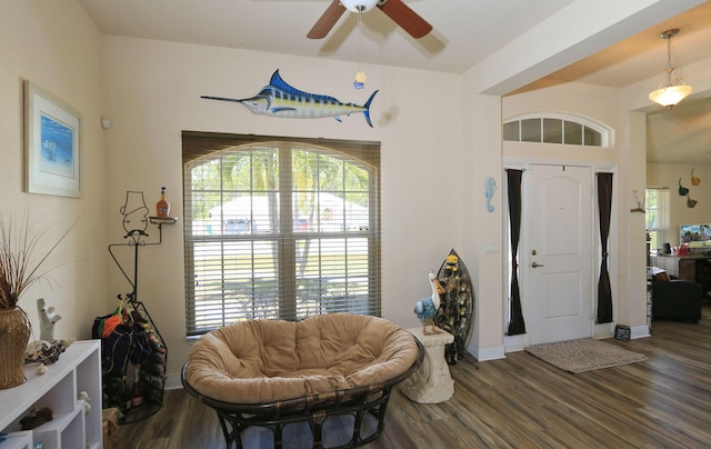 entryway featuring baseboards, plenty of natural light, ceiling fan, and wood finished floors