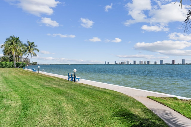 view of water feature with a view of city