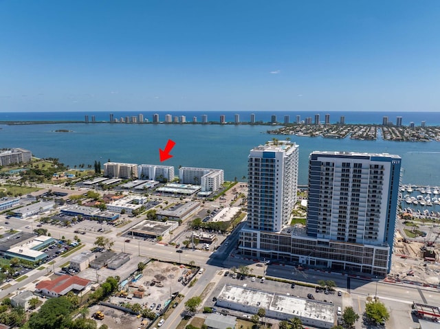 bird's eye view with a view of city and a water view