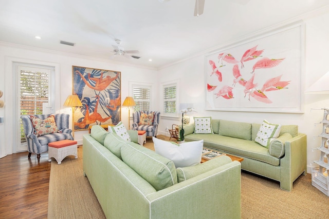 138 Greymon Dr, West Palm Beach, FL 33405 - living area with ceiling fan, ornamental molding, wood finished floors, and visible vents