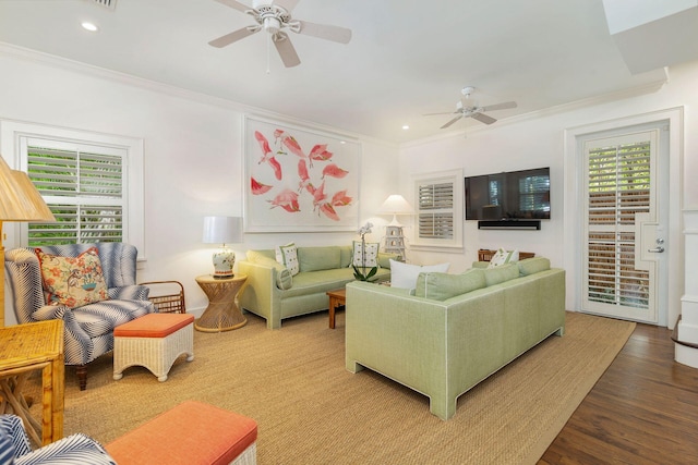 138 Greymon Dr, West Palm Beach, FL 33405 - living area featuring crown molding, ceiling fan, wood finished floors, and a wealth of natural light