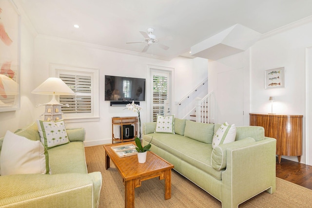 138 Greymon Dr, West Palm Beach, FL 33405 - living area with stairs, a ceiling fan, recessed lighting, wood finished floors, and ornamental molding