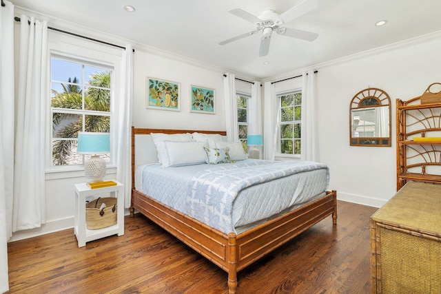 138 Greymon Dr, West Palm Beach, FL 33405 - bedroom featuring a ceiling fan, baseboards, dark wood-style floors, ornamental molding, and recessed lighting